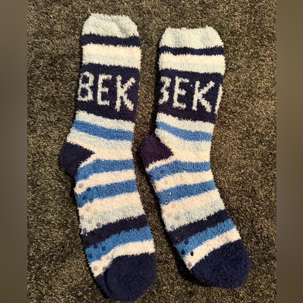 Be Kind by Ellen Fuzzy Socks in Blue and White Stripe